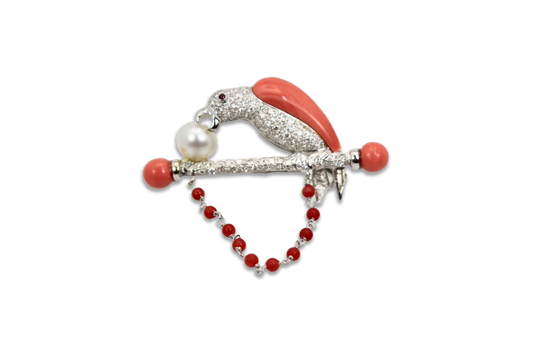 Platinum Diamond Coral Pearl Parrot Brooch