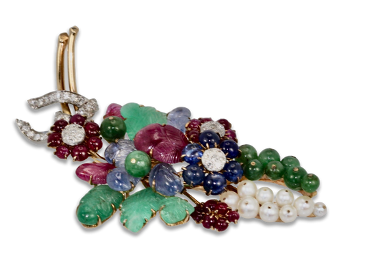Diamond and gem brooch, 18K gold