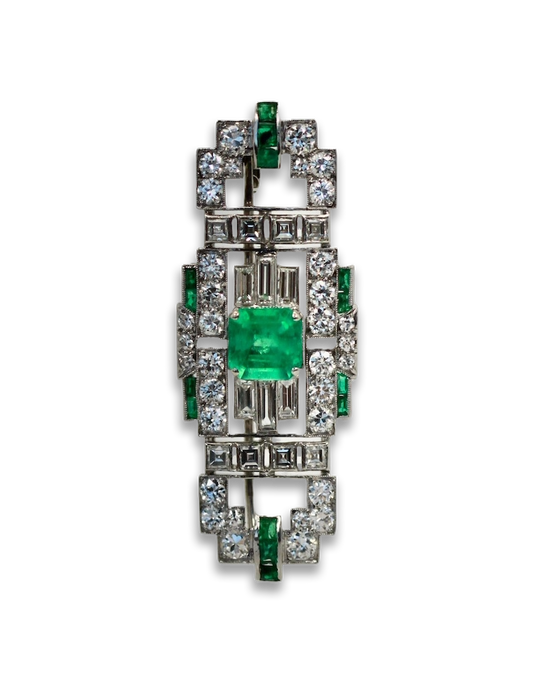 Deco Platinum Emerald Diamond Brooch