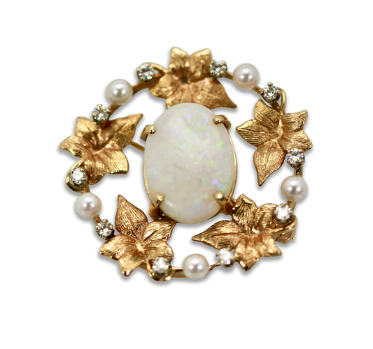 Opal Laurel Leaf Brooch Pendant 14K