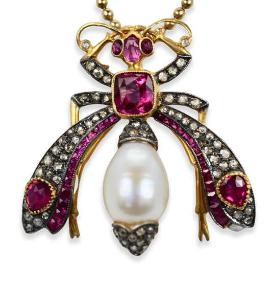 Antique Ruby Pearl Diamond Insect Brooch Pendant 18k