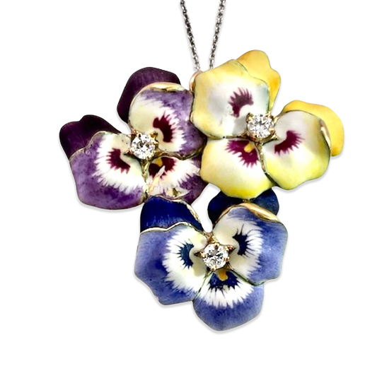 1960s Enamel Pansy Brooch Pendant with Diamonds