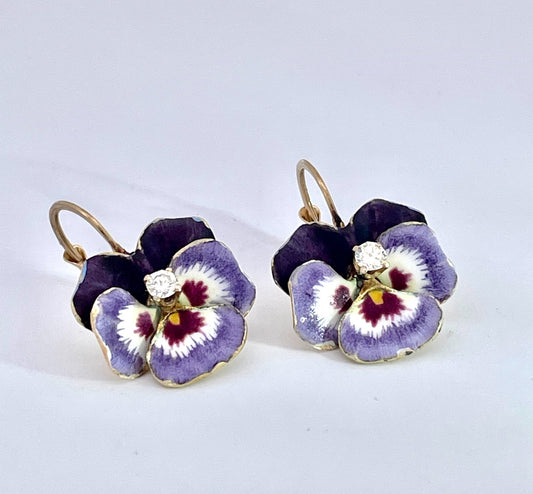 14K Enamel Pansy Earrings