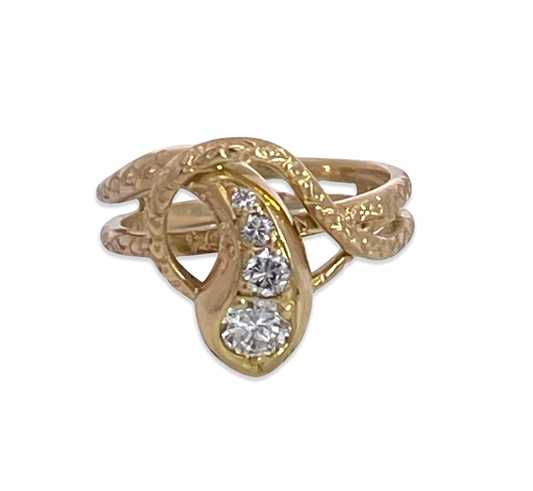 18K Gold Snake Ring with Diamond Head