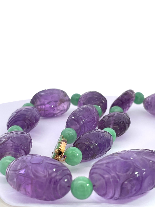 Carved Amethyst and Jade Bead Necklace