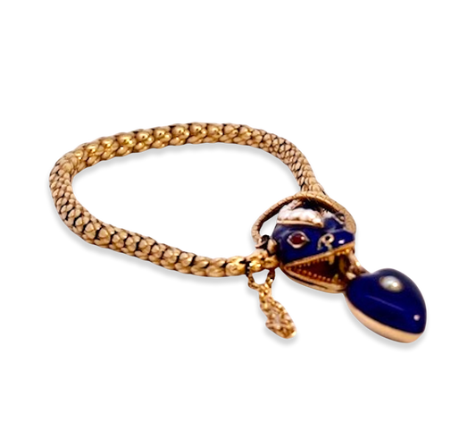 14K Gold Snake Bracelet with Ruby Eyes and Heart Locket