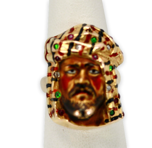 Enamel Moor face ring, 14K