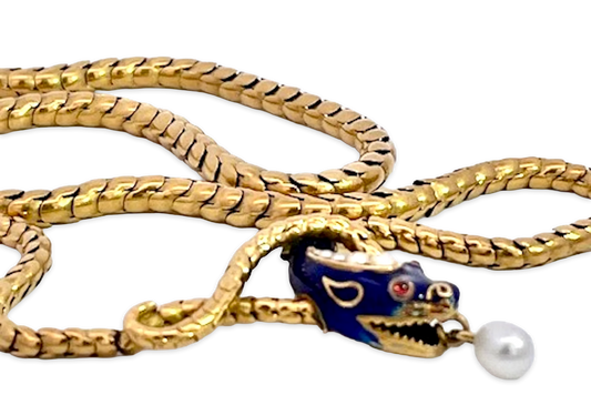 Snake Necklace 15K Yellow Gold Cobalt Blue Enamel 17