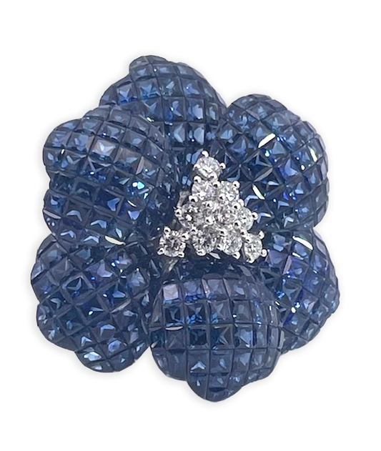 Huge Sapphire Diamond Flower Ring 18K