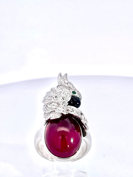 Large Oval Ruby Cabochon and Diamond Parrot Ring