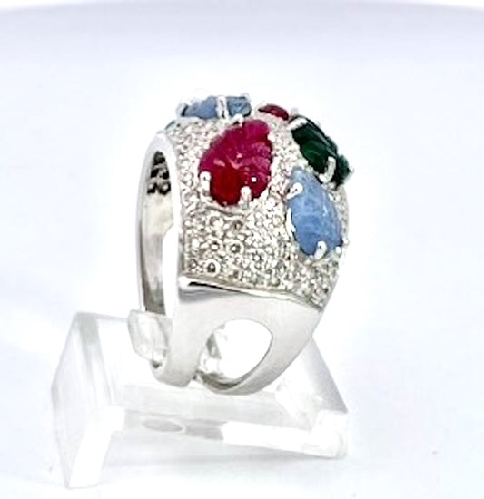 Vintage Multi-Gemstone Cocktail Ring in 18K White Gold, 1990