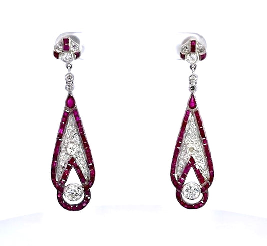 Art Deco 18K White Gold Ruby Diamond Drop Earrings, 2" Length