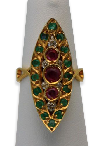 Deco Ruby Emerald & Diamond Pagoda Ring In 18K