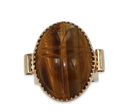 Vintage 18K Golden Tiger's Eye Scarab Ring With Side Tubes