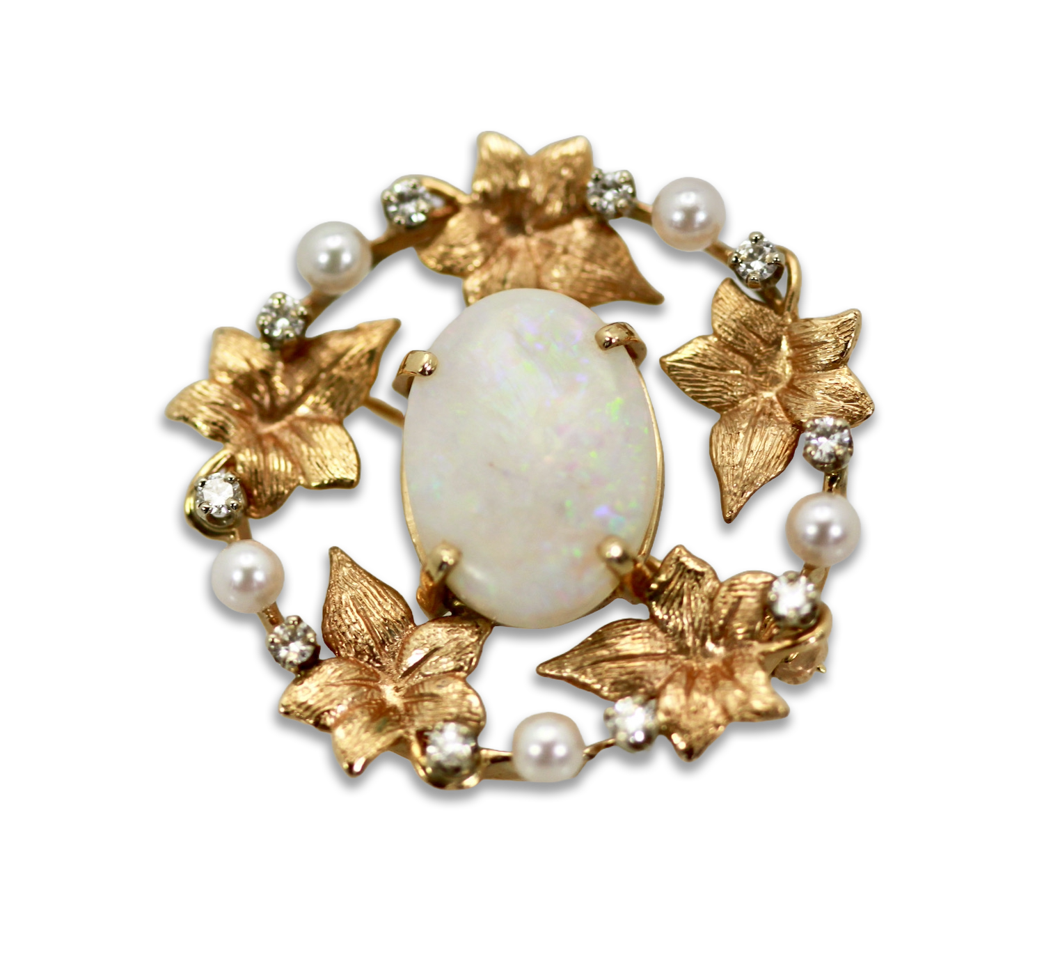 Opal Laurel Leaf Brooch Pendant 14K
