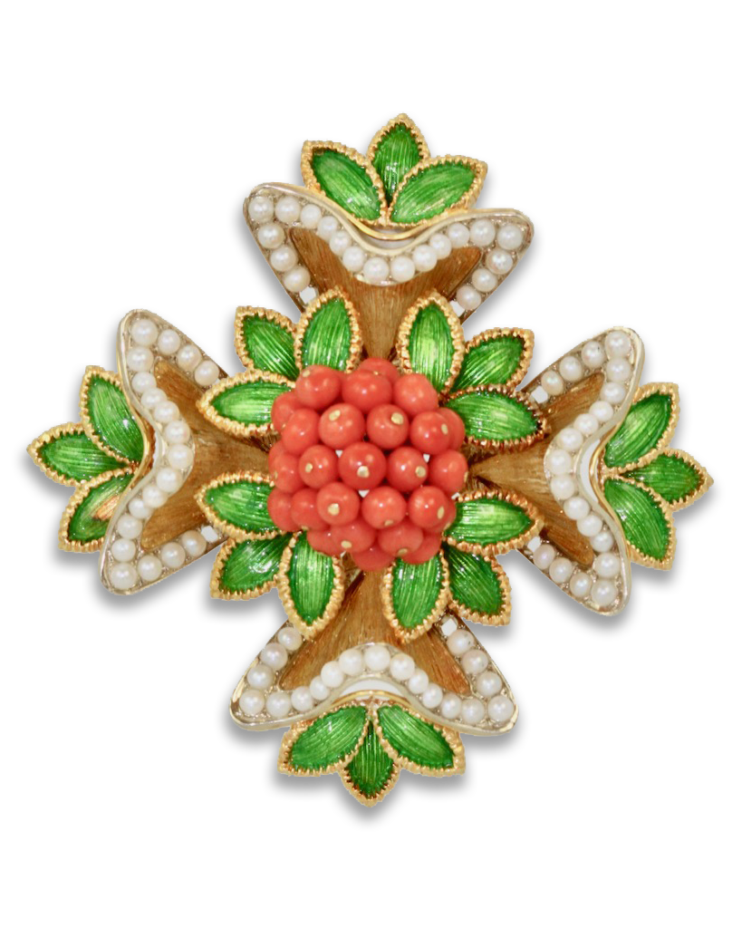 French Enamel, Pearl, Coral, Maltese Cross Flower Brooch Pendant
