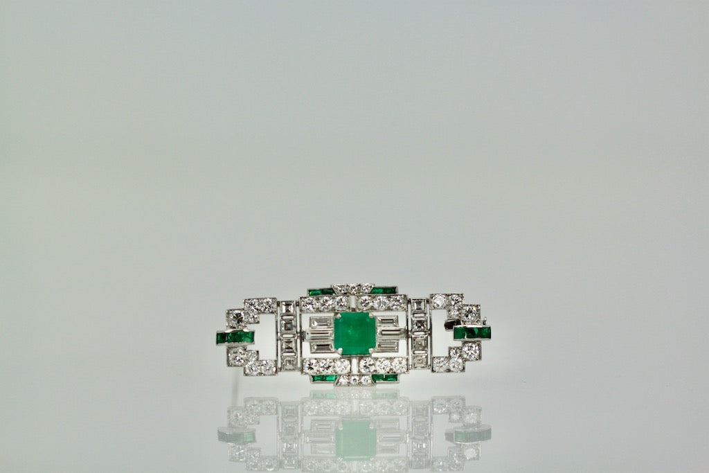 Deco Platinum Emerald Diamond Brooch