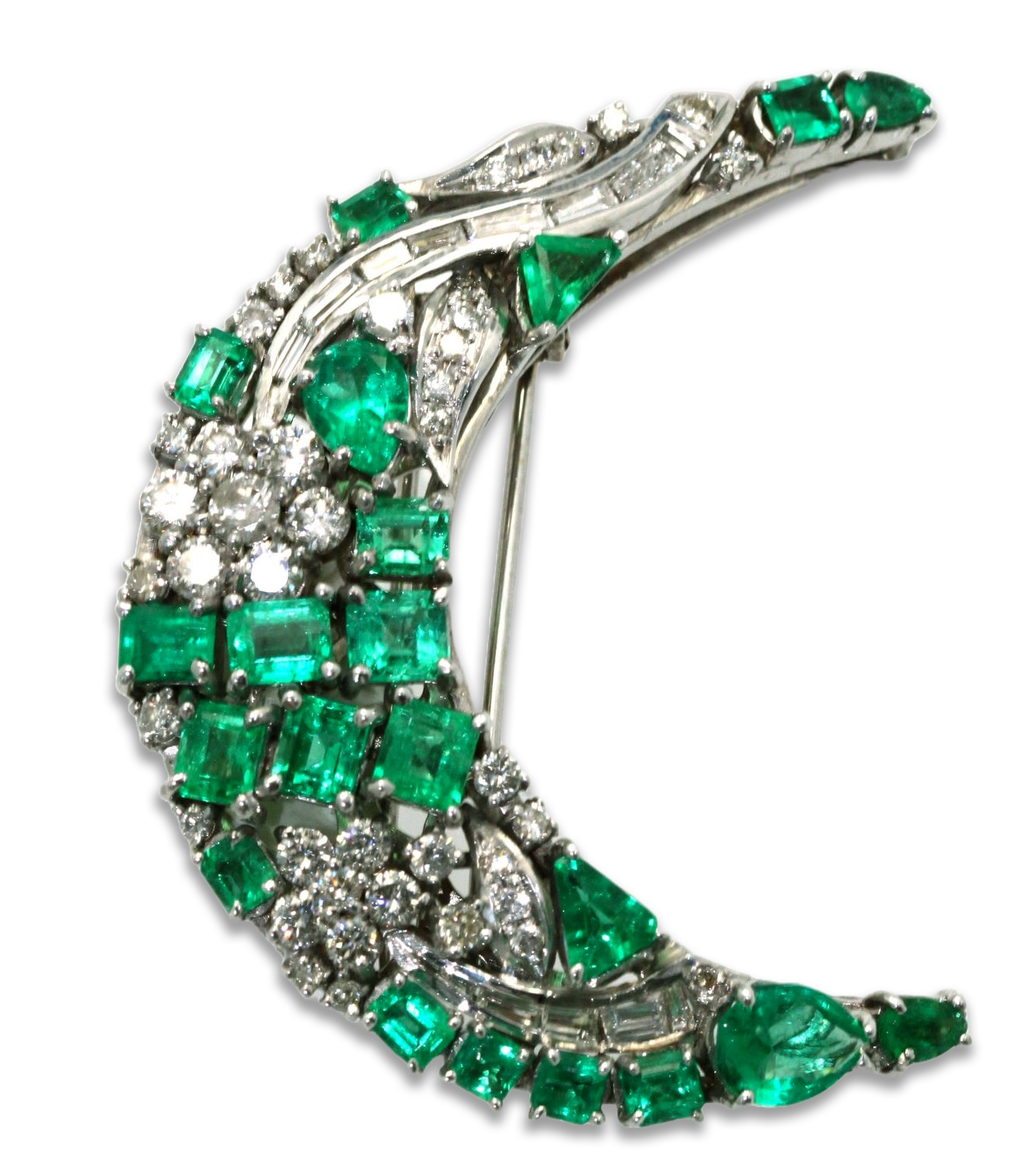 Emerald Diamond Crescent Brooch