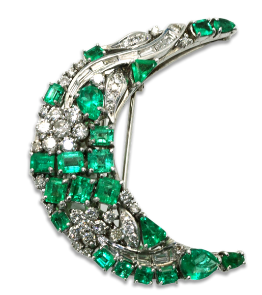 Emerald Diamond Crescent Brooch