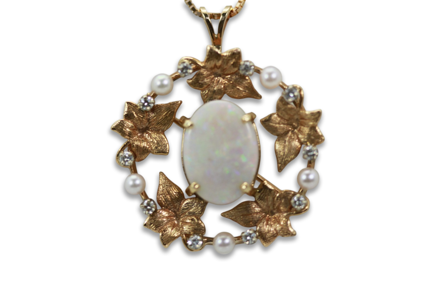 Opal Laurel Leaf Brooch Pendant 14K