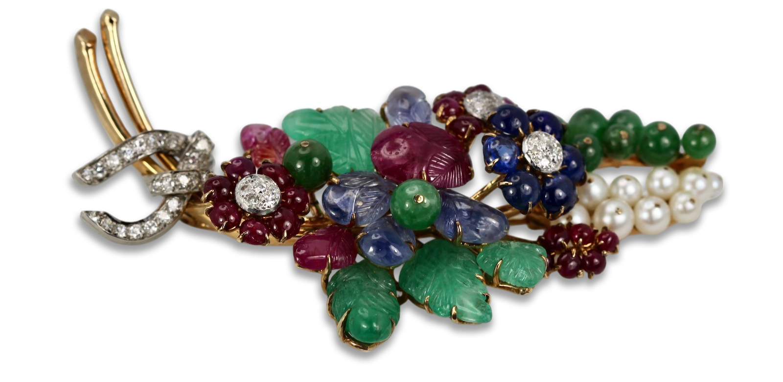 18K brooch with diamonds and gems