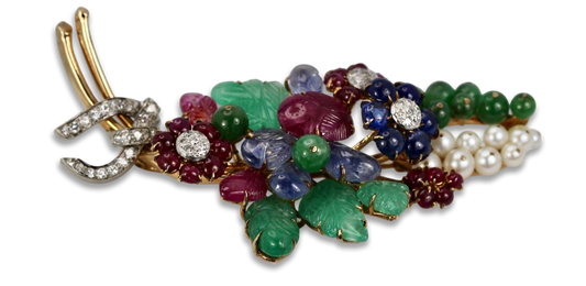 18K brooch with diamonds and gems