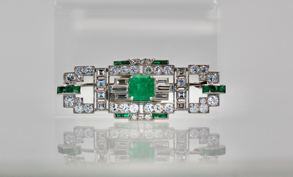 Deco Platinum Emerald Diamond Brooch