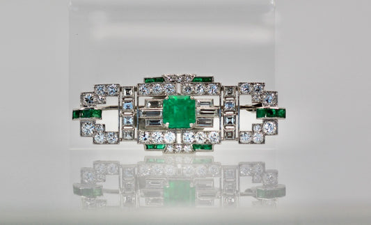 Deco Platinum Emerald Diamond Brooch