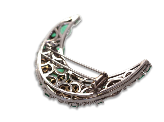 Emerald Diamond Crescent Brooch