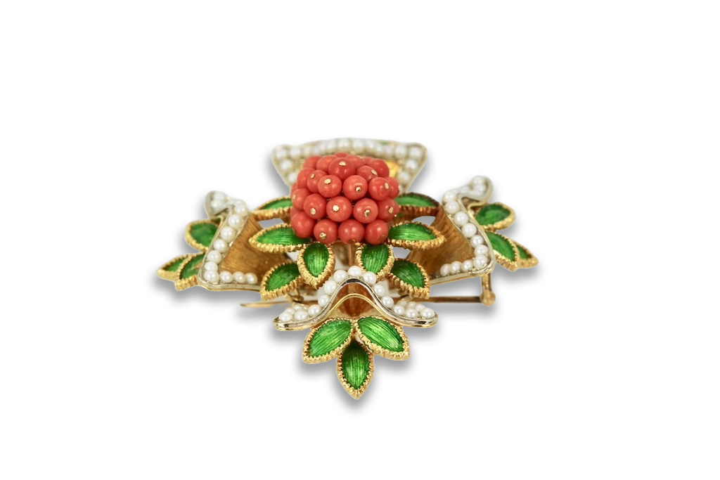 French Enamel, Pearl, Coral, Maltese Cross Flower Brooch Pendant