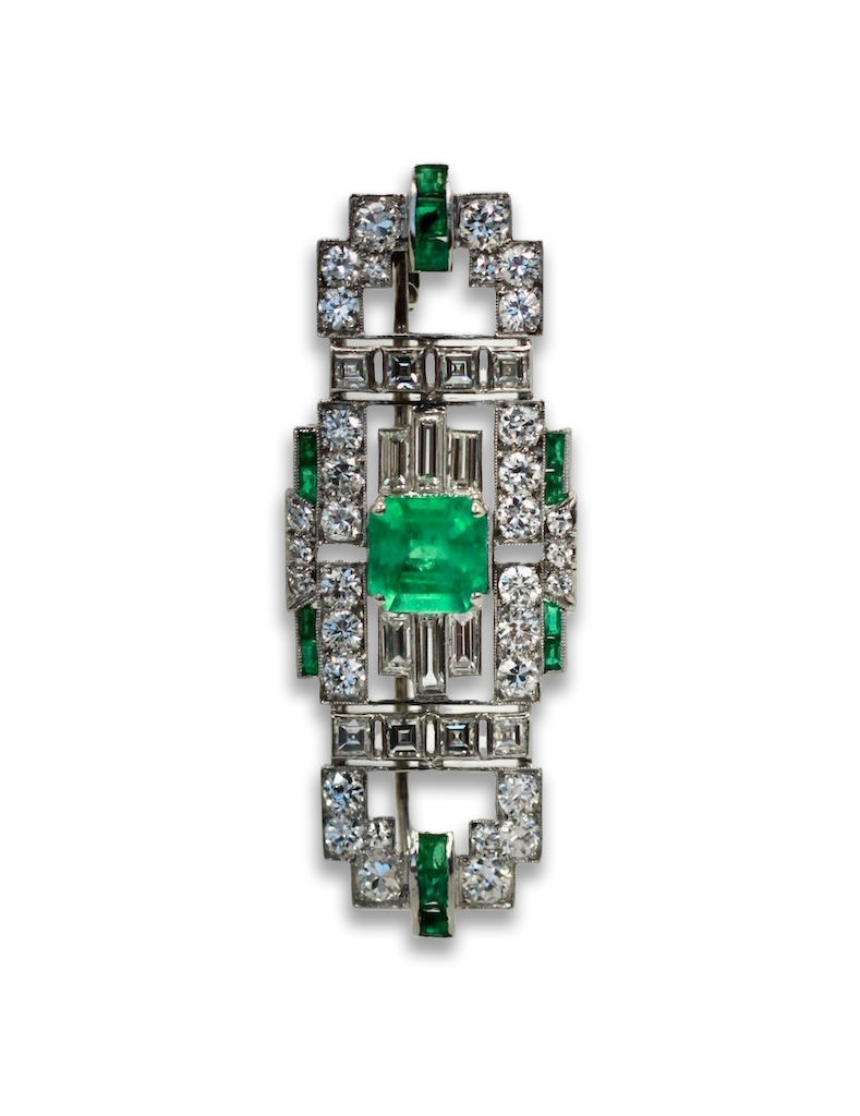 Deco Platinum Emerald Diamond Brooch