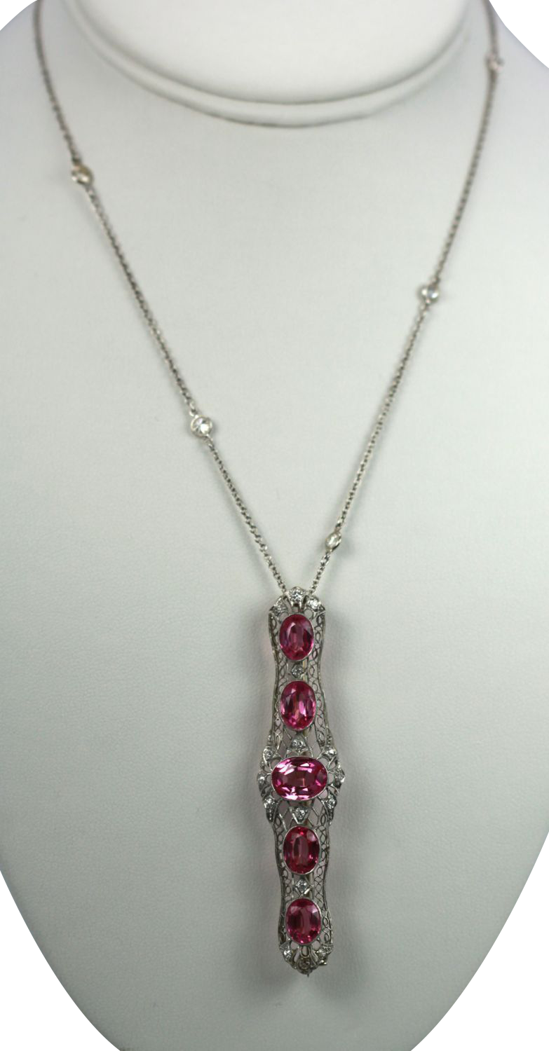 Pink Sapphire And Platinum Deco Brooch With Diamonds