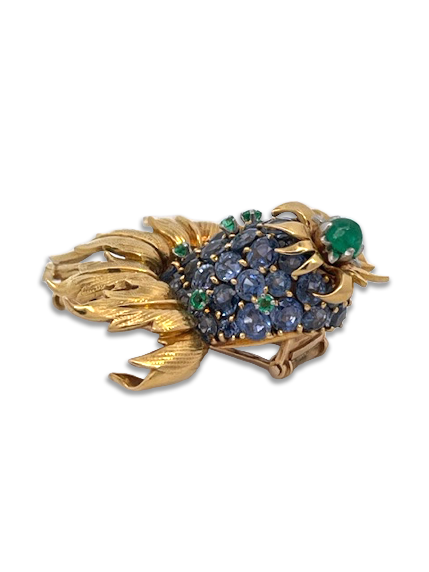 Blue sapphire and emerald thistle brooch in 18K gold