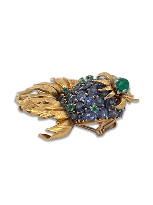 Blue sapphire and emerald thistle brooch in 18K gold