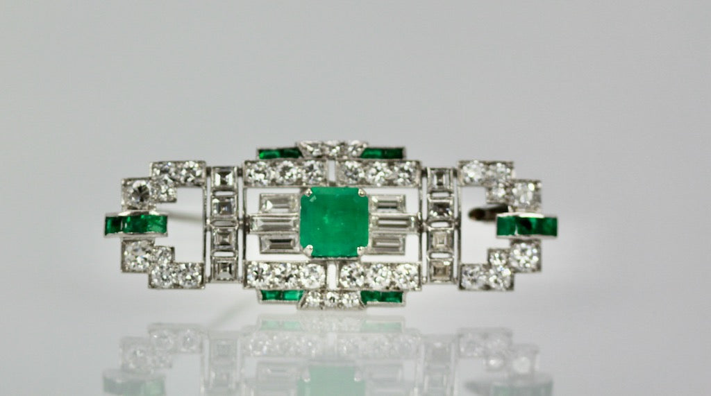 Deco Platinum Emerald Diamond Brooch