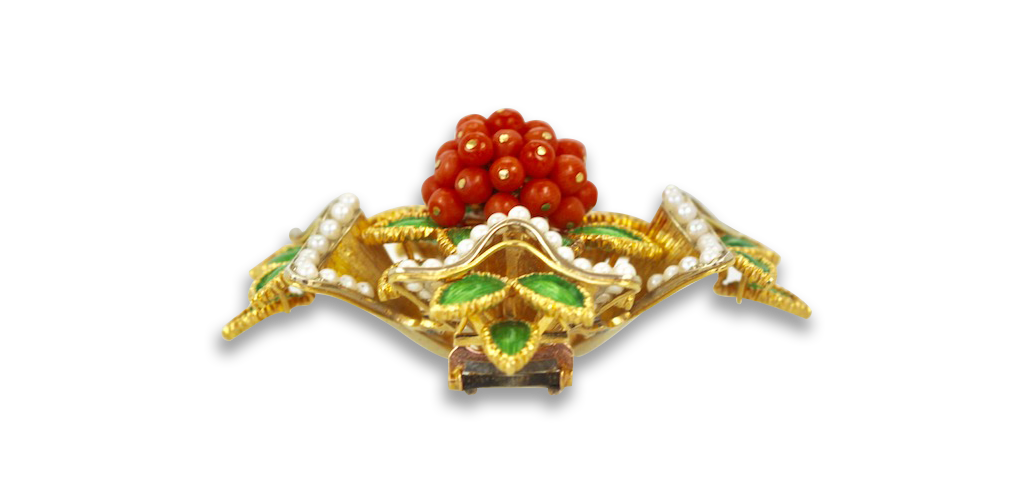 French Enamel, Pearl, Coral, Maltese Cross Flower Brooch Pendant