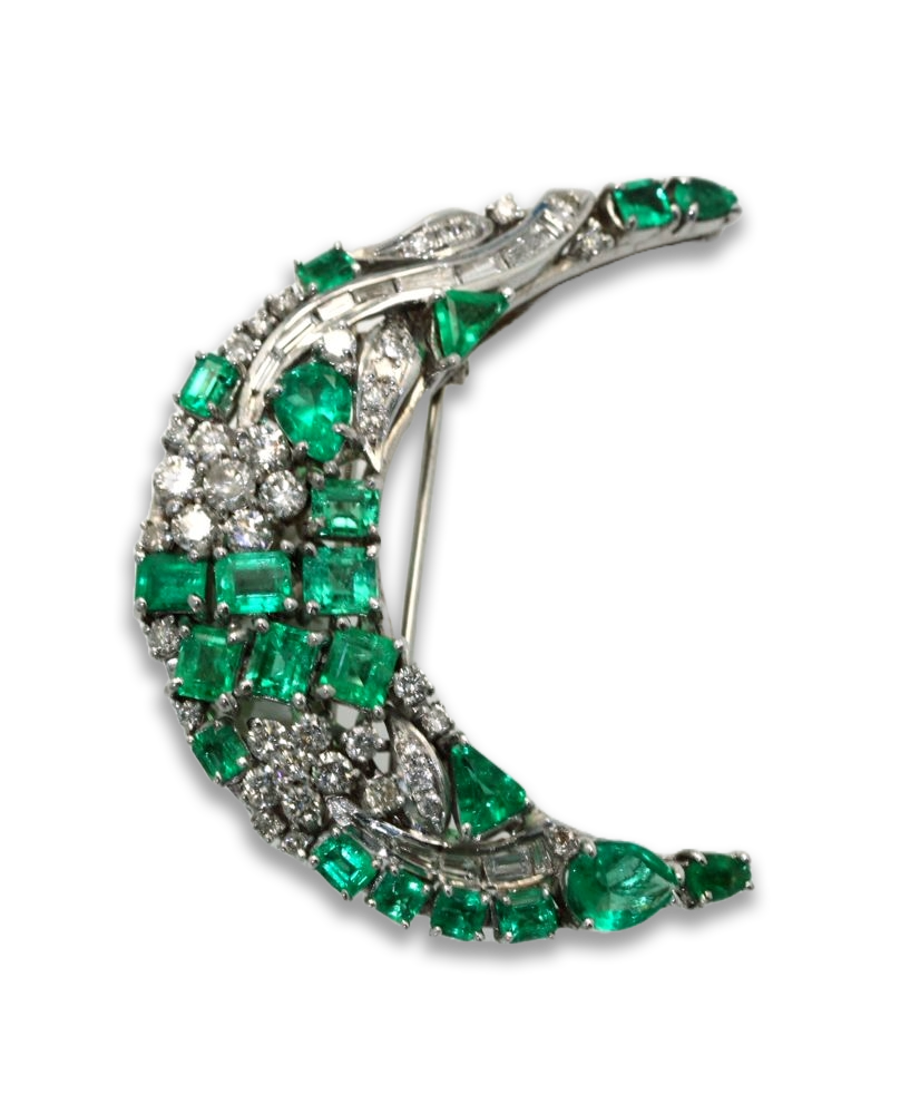 Emerald Diamond Crescent Brooch