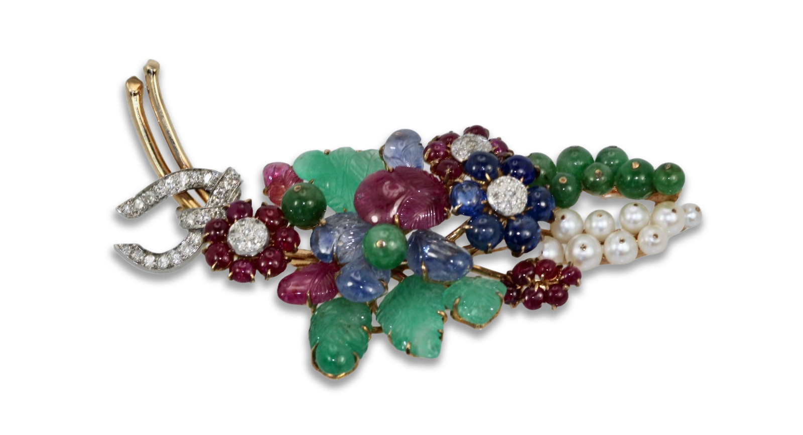 Diamond and gem brooch, 18K gold