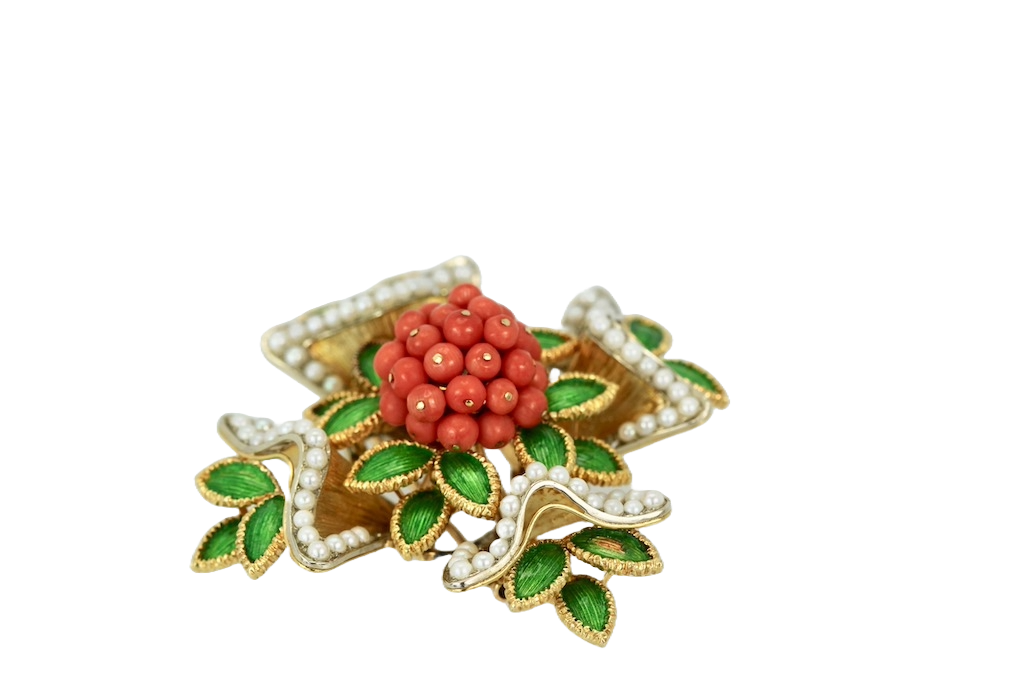 French Enamel, Pearl, Coral, Maltese Cross Flower Brooch Pendant