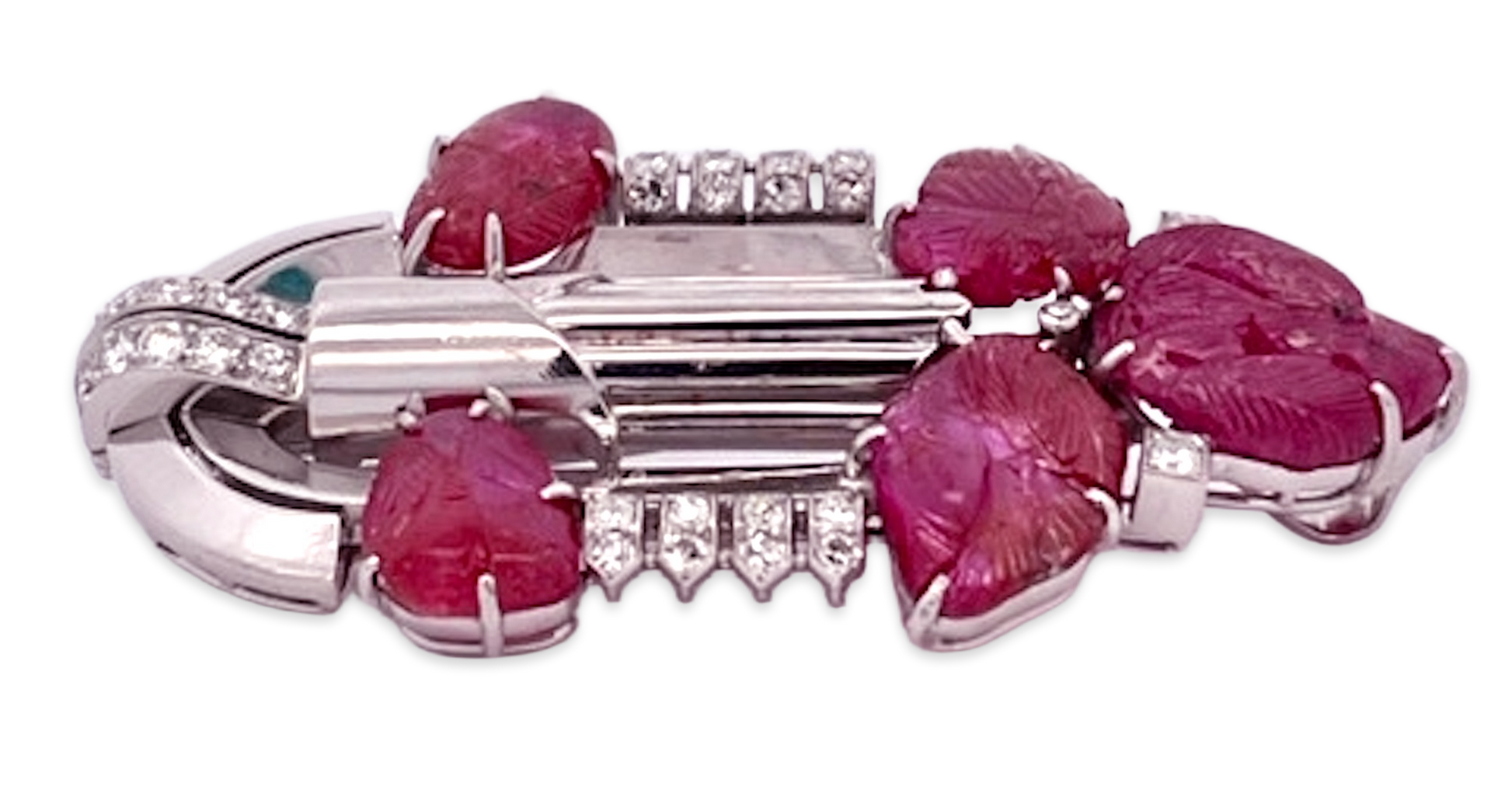 Art Deco Carved Ruby & Diamond Brooch