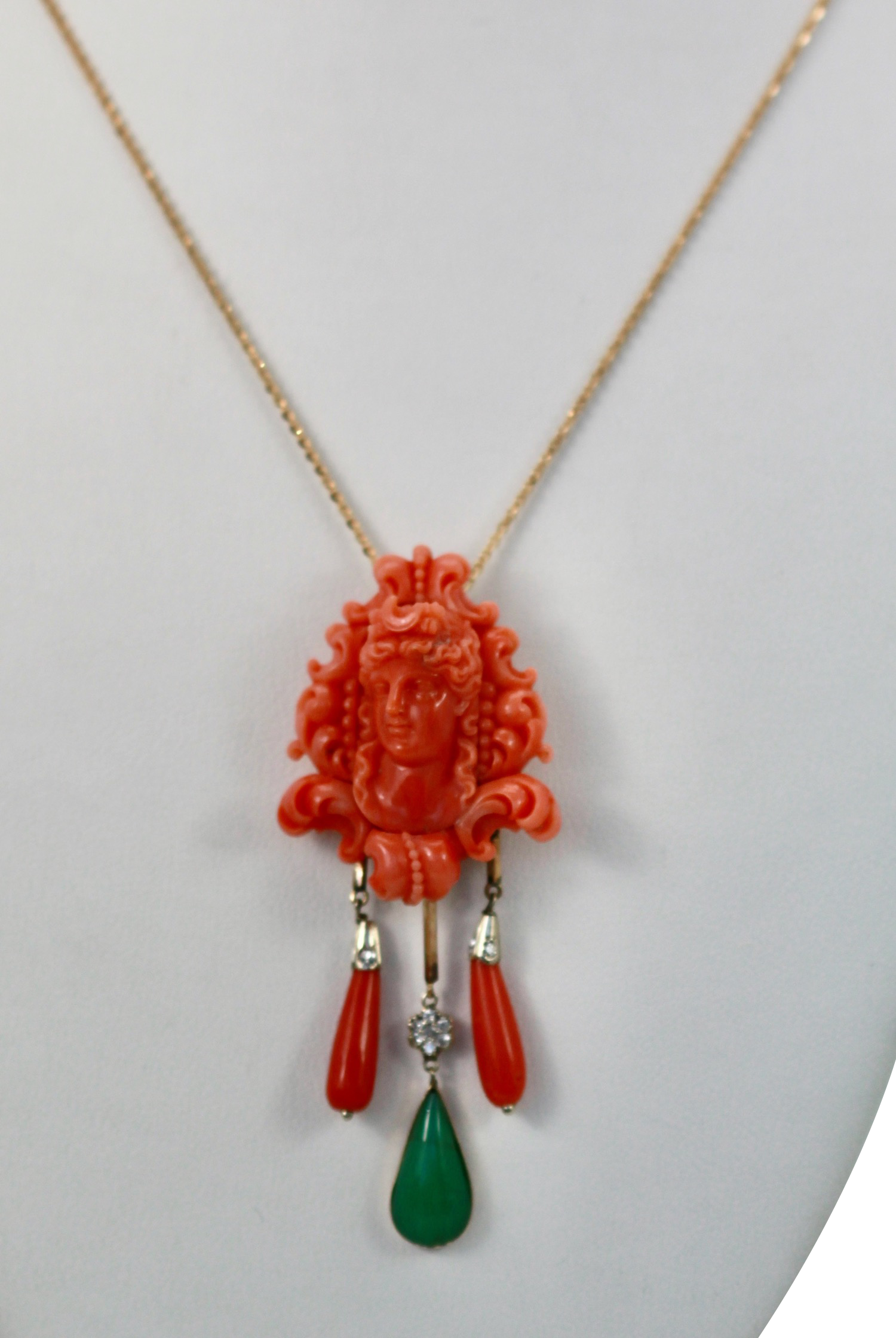 Carved coral jewelry with chrysoprase