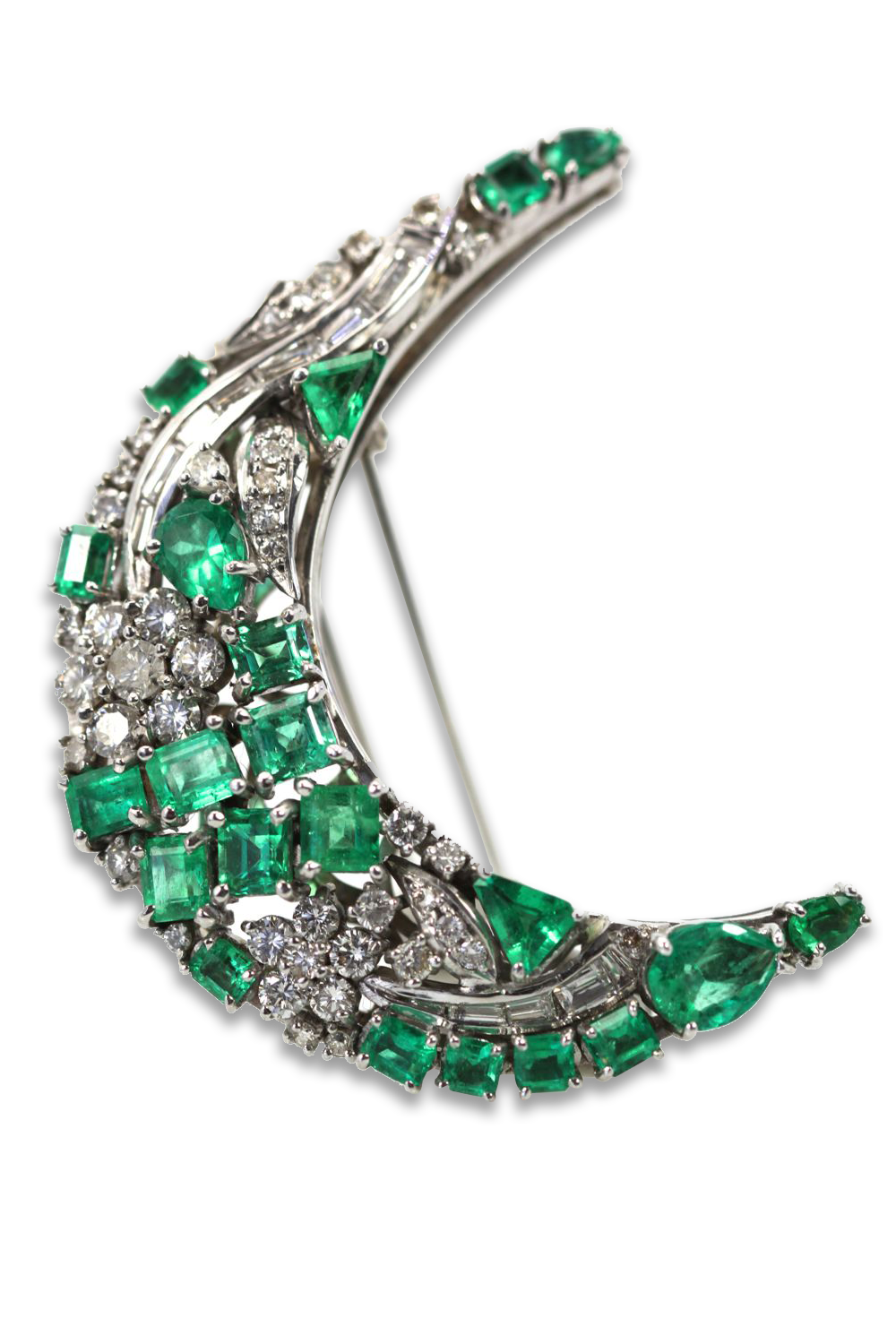 Emerald Diamond Crescent Brooch