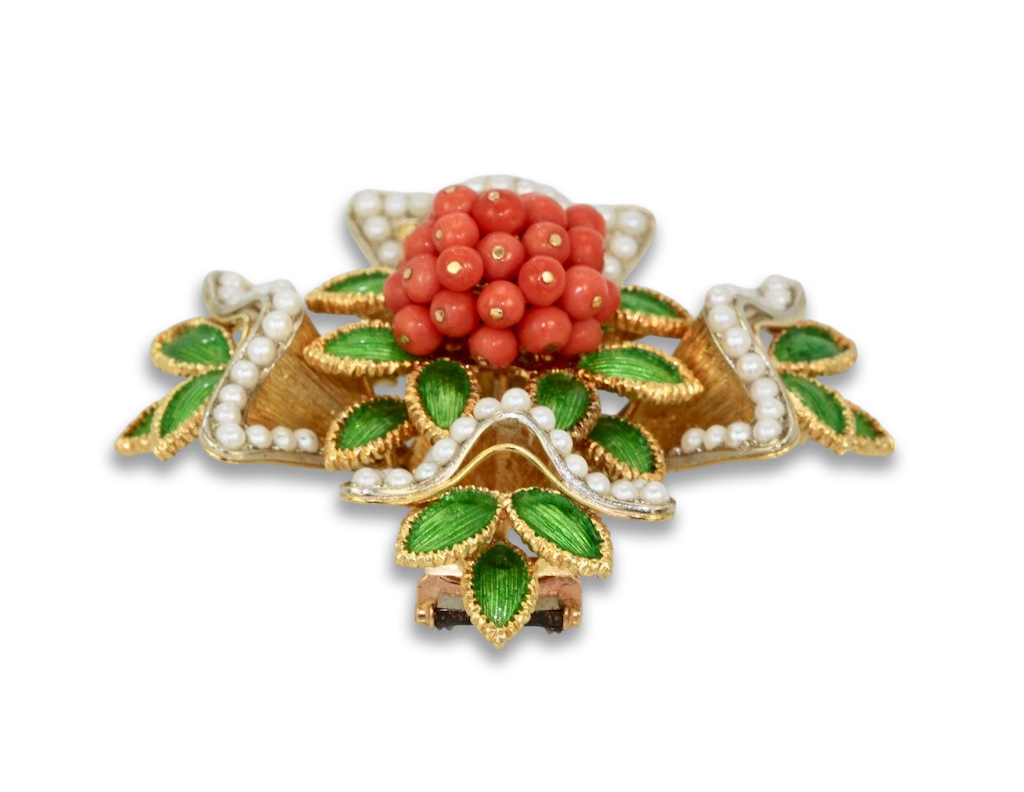 French Enamel, Pearl, Coral, Maltese Cross Flower Brooch Pendant