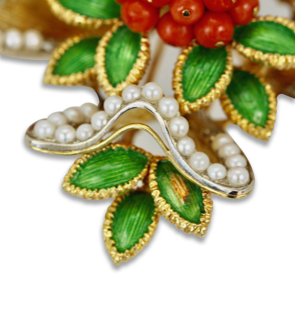 French Enamel, Pearl, Coral, Maltese Cross Flower Brooch Pendant