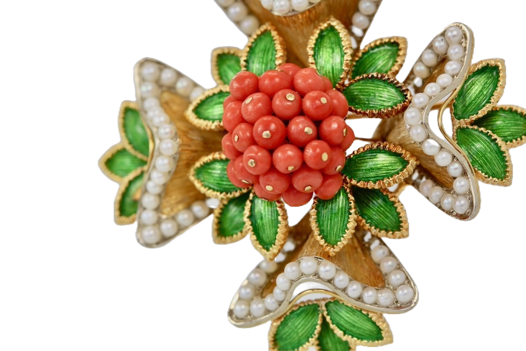 French Enamel, Pearl, Coral, Maltese Cross Flower Brooch Pendant