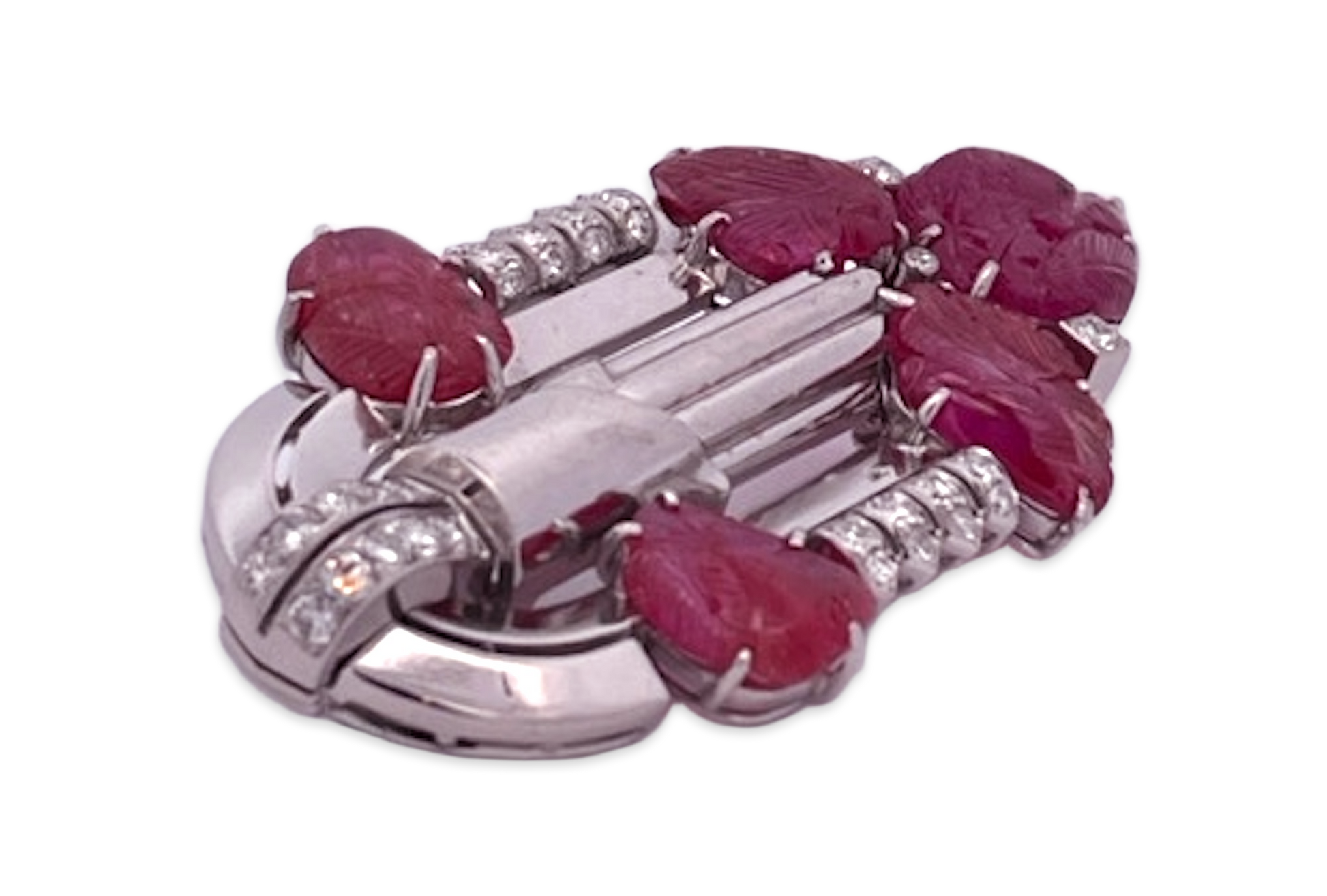 Art Deco Carved Ruby & Diamond Brooch