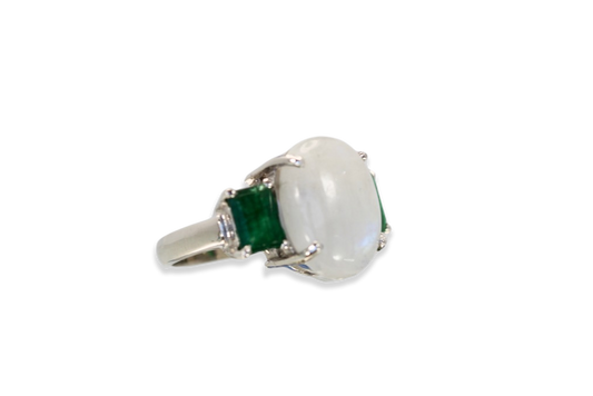 Moonstone 3 stone Ring with Emeralds
