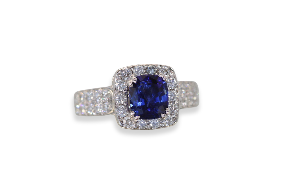Burma Sapphire Ring with Diamond Surround 18k