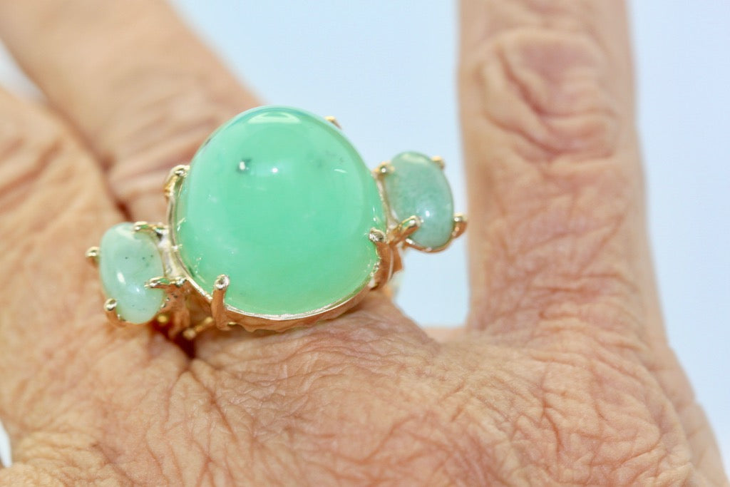 18K Bullet Chrysophase and Jade 3 Stone Ring