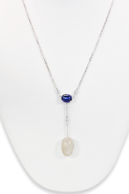 Sapphire Moonstone Diamond Drop Necklace 18K